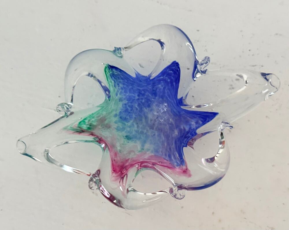 Vintage Murano Art Glass Star Bowl Multicolor Italian Handblown Lavorazione